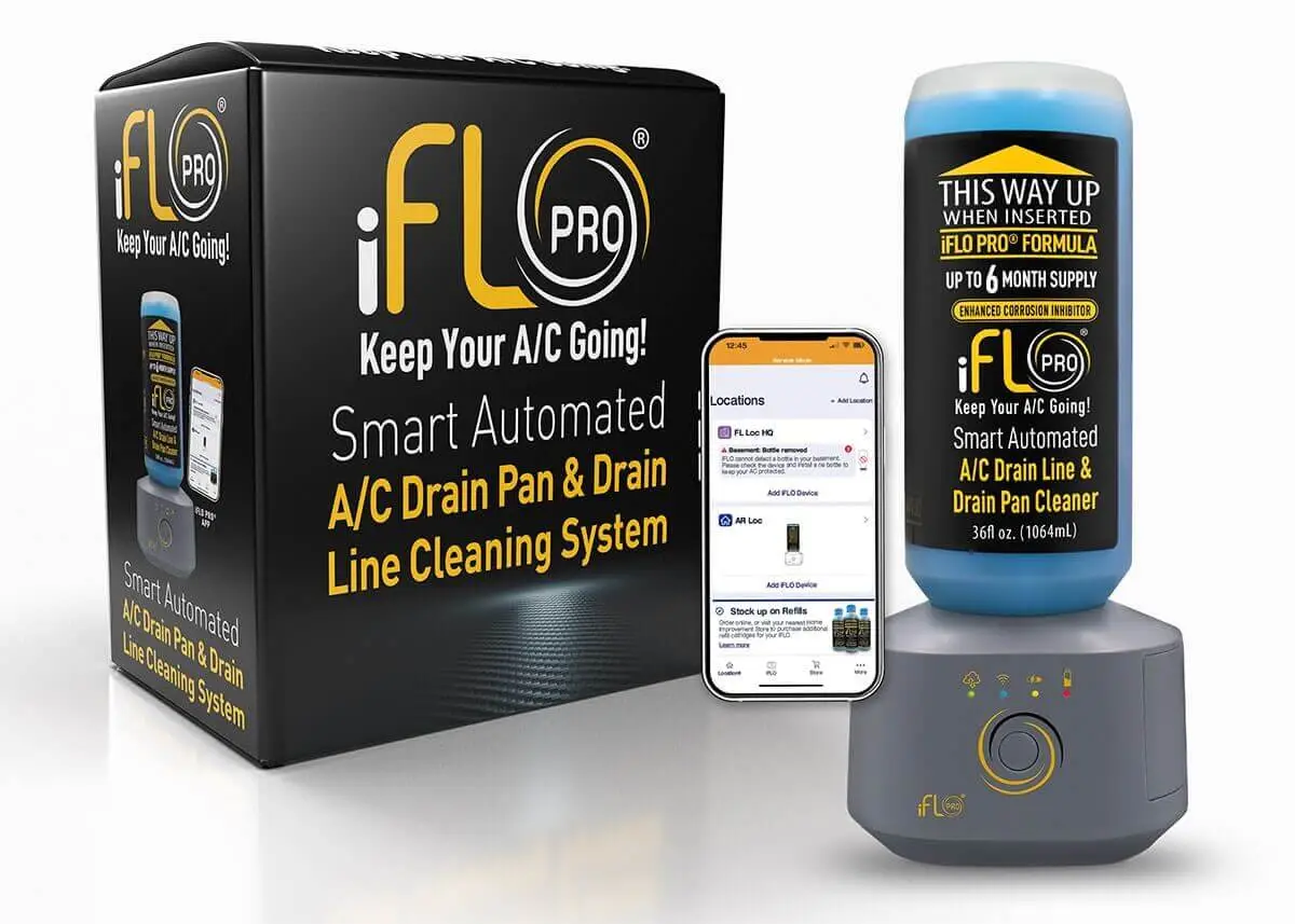 iFLO PRO smart AC drain pan cleaning system product display.